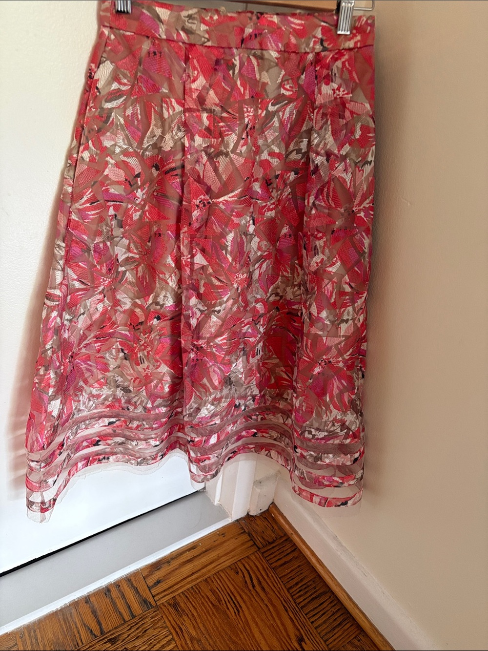 Anthropologie Pink & Beige Floral A-Line Midi Skirt